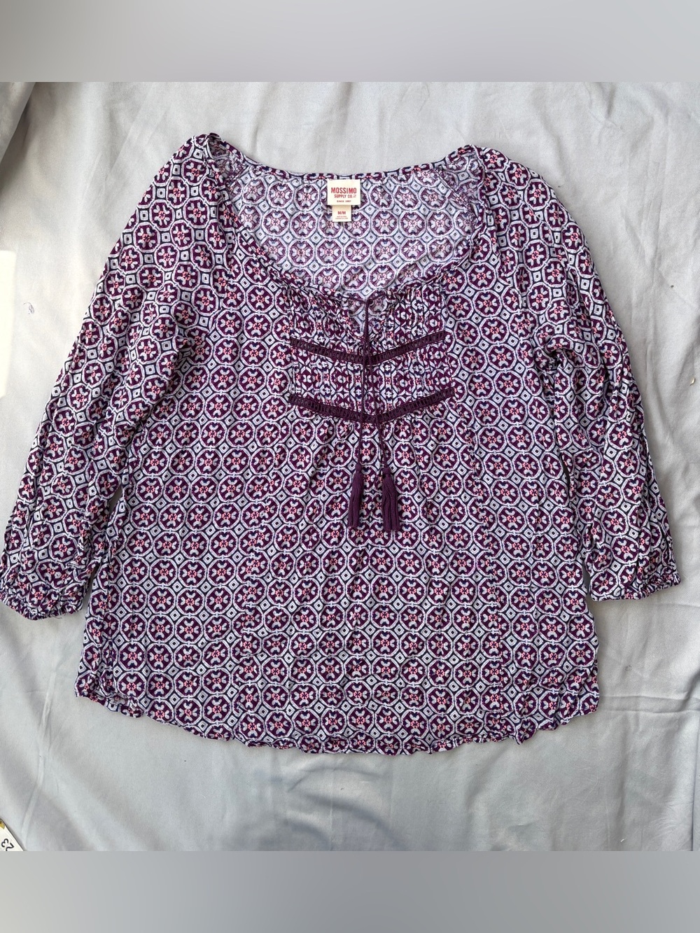 Mossimo Supply Co. Purple Printed Peasant Top with Tassel Tie